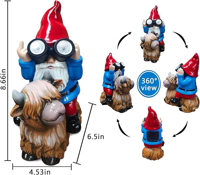 Gnome Garden Statue Solar Lights Outdoor Binoculars on Highland Cow,Birthday Gifts for Women/Men, Housewarming Gifts,Outdoor Decor for Balcony,Garden,Patio,Yard,Lawn(Cow Gnome)