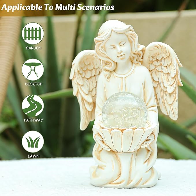 Angel Statues for Garden - Guardian Ange with Light - 8.3" Waterproof Outdoor Angel Memorial Scupture, Solar Angels Figurines Holding Glass Balls for for Patio, Yard, or Cemetery