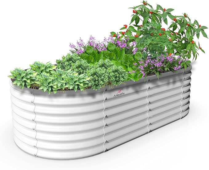 A ANLEOLIFE 8X4X2 ft Galvanized Raised Garden Beds Outdoor, Oval Large Metal Deep Root Planter Box for Planting Vegetables Flowers Herb, Anti-Rust & Easy-Setup, Antique White