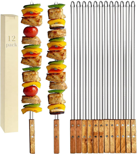 12 Pack Kebab Skewers 23.5 Inch Long Flat Stainless Steel Grilling BBQ Skewer Reusable Barbecue Skewers with Wood Handle,Ideal for Koubideh Persian Brazilian Chicken Shrimp Turkish Shish Kabob
