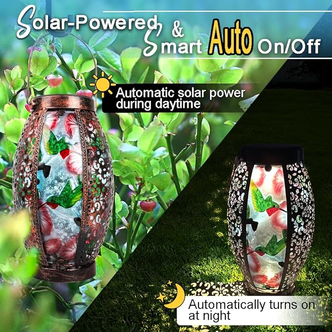 Hummingbird Solar Lanterns Glass & Metal Hanging Lantern Outdoor Waterproof 16" H Tabletop Light with Hollowed-Out Design for Garden Patio Table Decor Mother's Day Gift