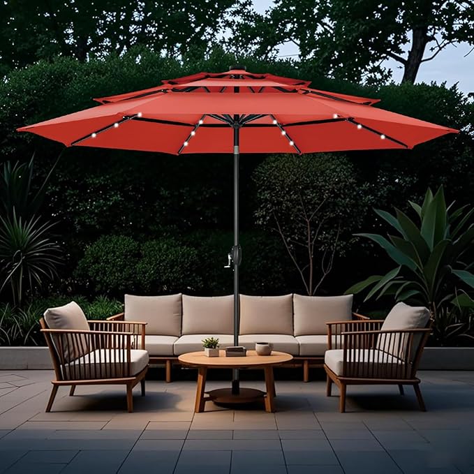 GREEN PARTY 10ft Outdoor Patio Umbrella, Auto-Tilt Market Table Umbrellas with Crank, 8 Sturdy Ribs & 1.5" Pole UV Protection for Garden Deck Backyard Pool