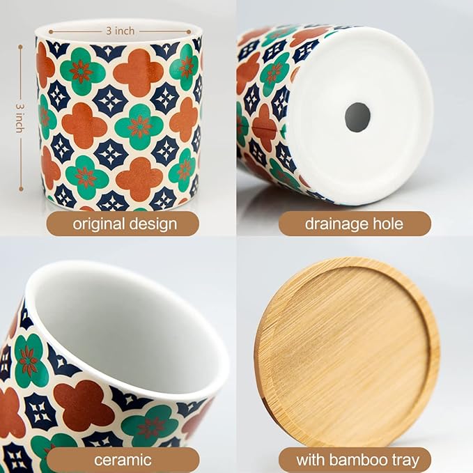 6 Pack Succulent Pots with Drainage Hole, 3 inch Ceramic Succulent Planter with Bamboo Tray, Bright Color Succulent Plant Pots for Cacti Succulent Soil Potting Mix Indoor/Outdoor