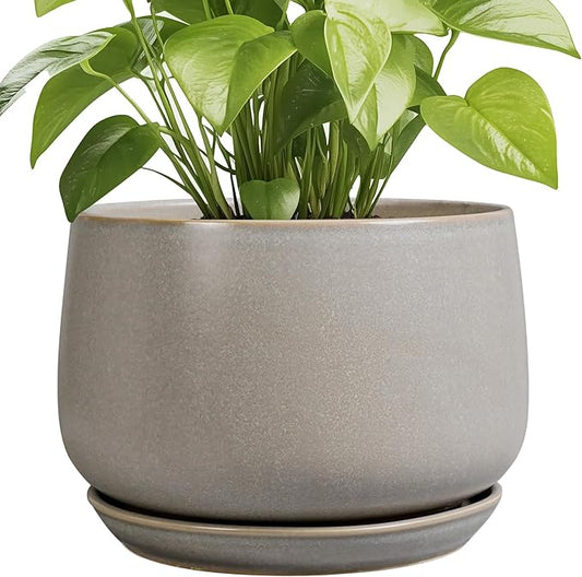 G EPGardening Ceramic Planter 9 Inch - Round Modern Plant Pots with Drainage and Plant Saucer Indoor Outdoor for Flower, Vanity Decor, House Gifts, Retro Grey