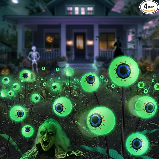 Halloween Solar Lights Outdoor: 4 Pack Upgraded 24 LED Scary Eyeball Lights for Garden Yard Lawn Pathway Landscape Decor, Green Outside Decorations