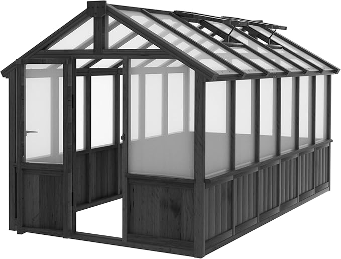 6x12 FT Greenhouse Kit for Outdoor, Thickened Polycarbonate Panel Wooden Walk-in Green House with Lockable Door and Adjustable Roof Vent, Backyard Garden, Black