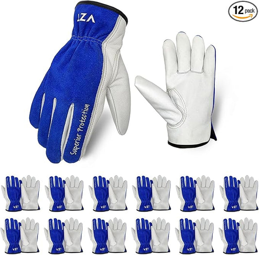 12 Pairs Bulk Leather Work Gloves for Men or Women for Construction, Wood cutting, Driving, Gardening, Automotive Repair, Water Resistant, Soft, Cowhide, Class 4 Abrasion Resistant, Blue-White, L
