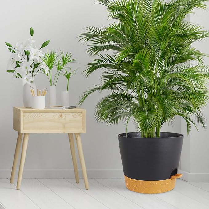 12 inch Large Self Watering Pots, Plant Pots with Mesh Drainage Holes for Indoor Outdoor Plants, Plastic Planters with Deep Reservoir for Garden House Flower Plants, Black with Brown