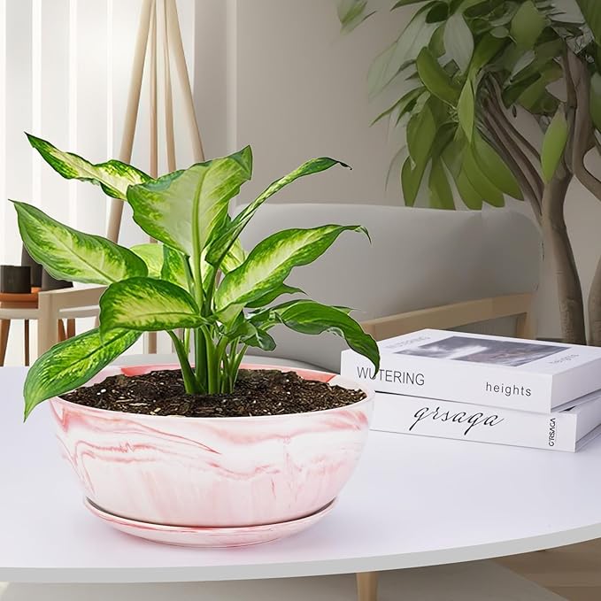 G EPGardening Large Ceramic Succulent Planter Pot with Drainage Hole and Saucer Large Marble Flower Pot for Plants Round Bonsai Planter Pot Indoor Outdoor Pink