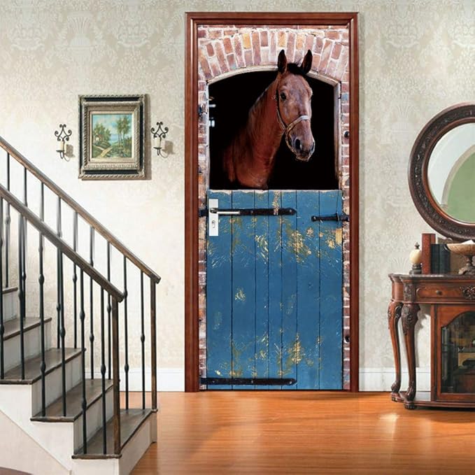 Horse 3D Door Stickers Murals - Peel & Stick - Waterproof & Washable - Matt Finish - Rustic Brown - Animal Pattern - Rectangular - Adults - All Seasons - Door & Wall - 34.6" x 78.7"