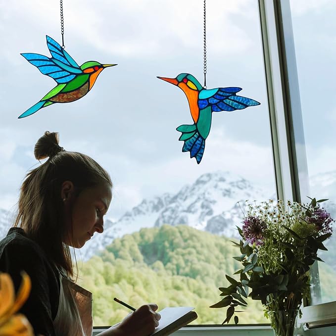 2 Packs Stained Glass Hummingbird Suncatcher Window Hanging Ornament, Stained Glass Birds Suncatcher for Window Decor, Hummingbird Gifts for Women, Mom, Birds Lovers