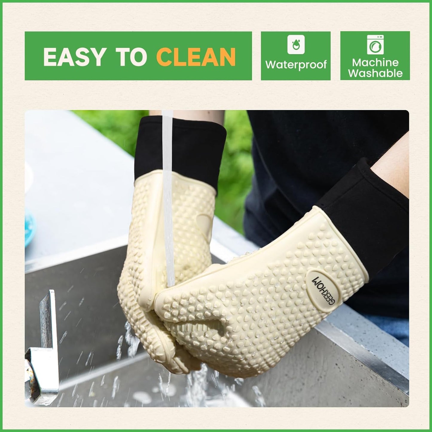 GEEKHOM BBQ Gloves Heat Resistant Oven Mitts - Silicone Grilling Gloves with 14" Long Arm Protection - Waterproof Pot Holder Non-Slip for Men & Women, Kitchen Cooking, Baking, Camping, Beige