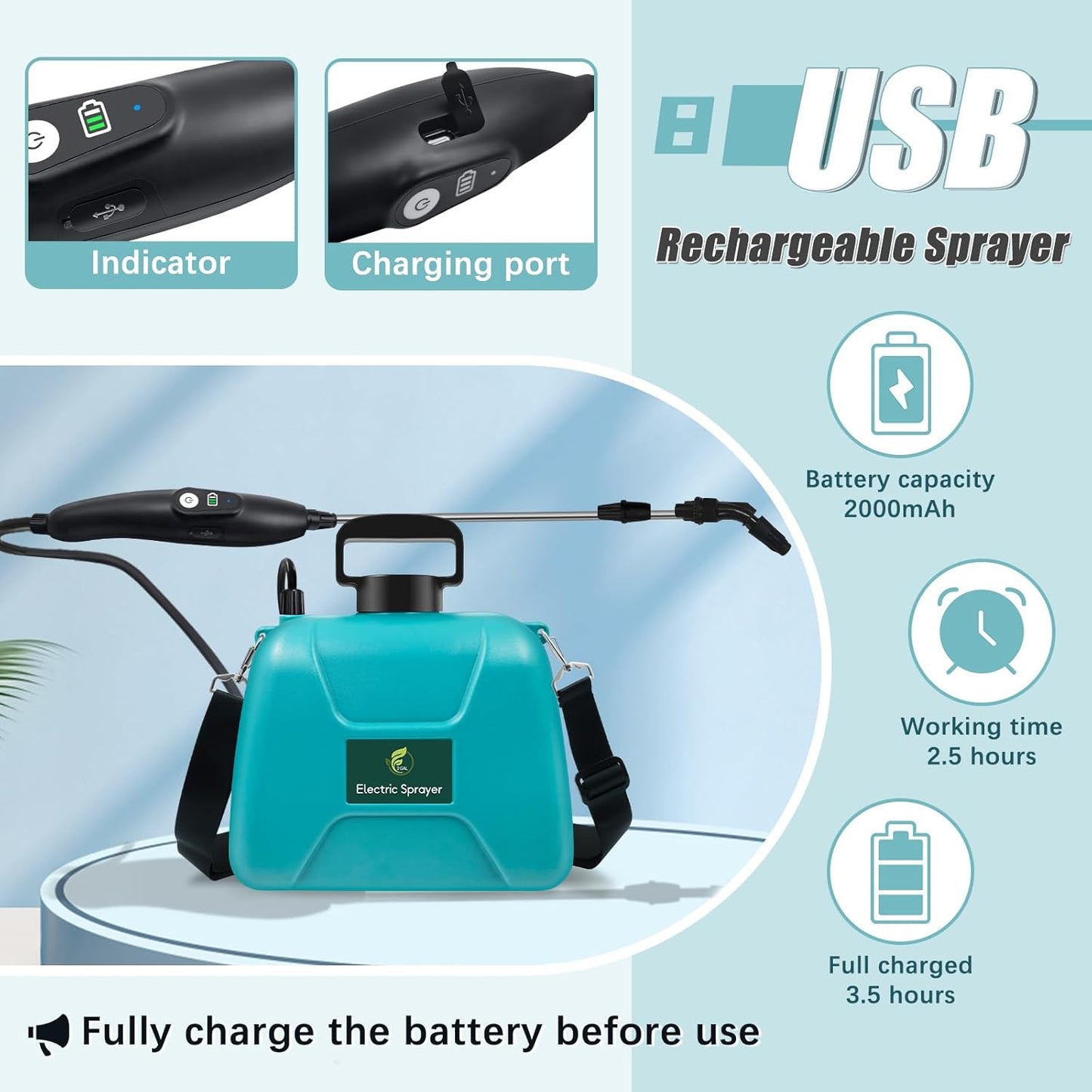 2 Gallon Battery Powered Garden Sprayer, Electric Sprayer with USB Rechargeable Handle, 3 Mist Nozzles, Retractable Wand, Water Pump Sprayers with Adjustable Shoulder Strap for Yard, Lawn and Garden