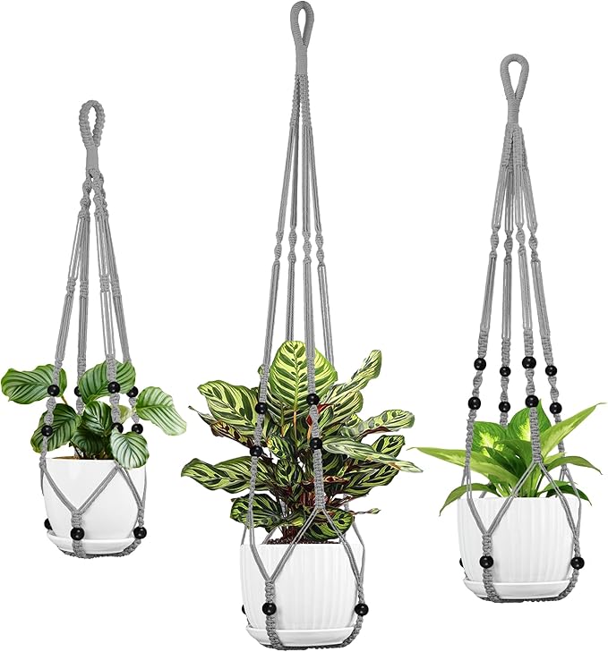 3 Pack Macrame Plant Hanger - 43"/35"/29" Different Sizes, Hanging Planter Basket Flower Pot Holder for Indoor Outdoor, with Wood Beads, Boho Home Decor, Gray (POTS NOT Included)