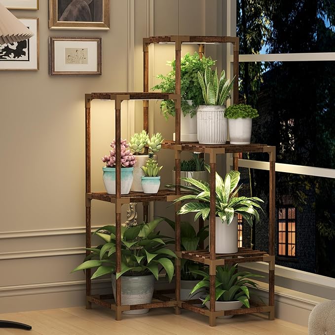 HOMKIRT Corner Plant Stand with Grow Lights, Plant Shelf Indoor for Multiple Plants, Wood Plant Rack Holder Flower Stand for Patio Porch