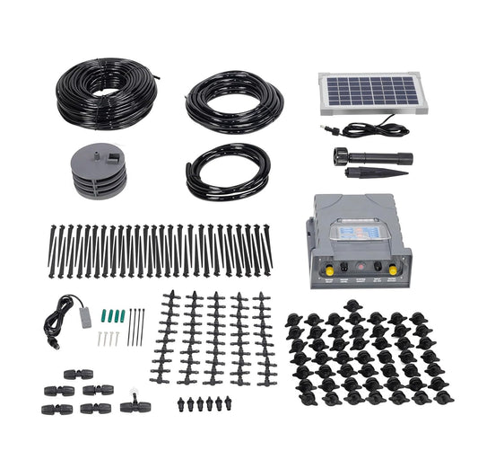 AEO Solar-Powered Automatic Watering Drip Irrigation System, 50 Drippers, 155 ft for Balcony Greenhouse Raised Garden Bed