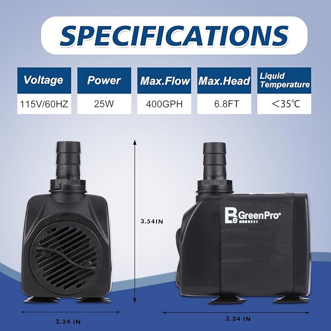 400GPH Submersible Water Pump, 25W Adjustable Ultra Quiet Fountain Pump with 4 Nozzles 6.8ft High Lift for Aquarium, Fish Tank, Pond, Waterfall, Outdoor, Hydroponics