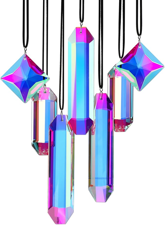 HDCRYSTALGIFTS Set 7 Crystal Sun Catcher Prisms, AB Colored Suncatcher Crystals Window Indoor Hanging Christmas Ornaments Rainbow Maker Prisms for Home Garden Decor