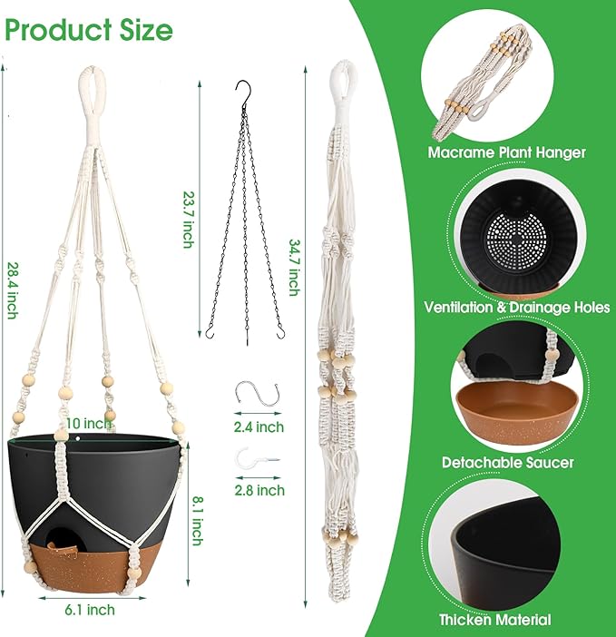 Hanging Planters for Indoor Outdoor Plants, 2 Pack Self Watering Hanging Pot with Drainage Holes, Removable Tray & 2 Kinds of Plant Hangers, 10'' Hanging Flower Pots for Home Garden Decor, Black