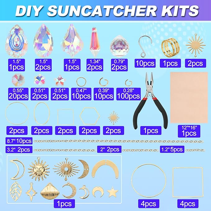 HYBEADS 200 pcs DIY Sun Catchers Making Kits Craft for Adults Crystal Suncatchers Supplies Stained Glass Window Hanging Prism Indoor Outdoor Garden Xmas Decor with Rainbow Maker Pendants Chains