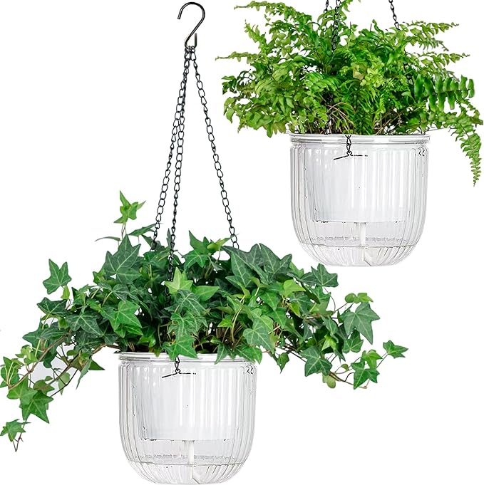 6.5 Inch 2 Pcs Self Watering Hanging Planter Indoor Plant Pots Drainage Holes, Outdoor Hanging Planters Flower Pot Basket, Visible Water Level, Plant Hanger Home Decor, Gardening