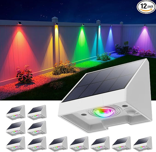 12 Pack Color Changing Solar Powered Fence Lights Outdoor Decorative LED Waterproof Yard Lighting for Outside Wall, Deck, House Patio, Rail, Backyard, 8 Colorful Modes, Easy Install (White Shell)