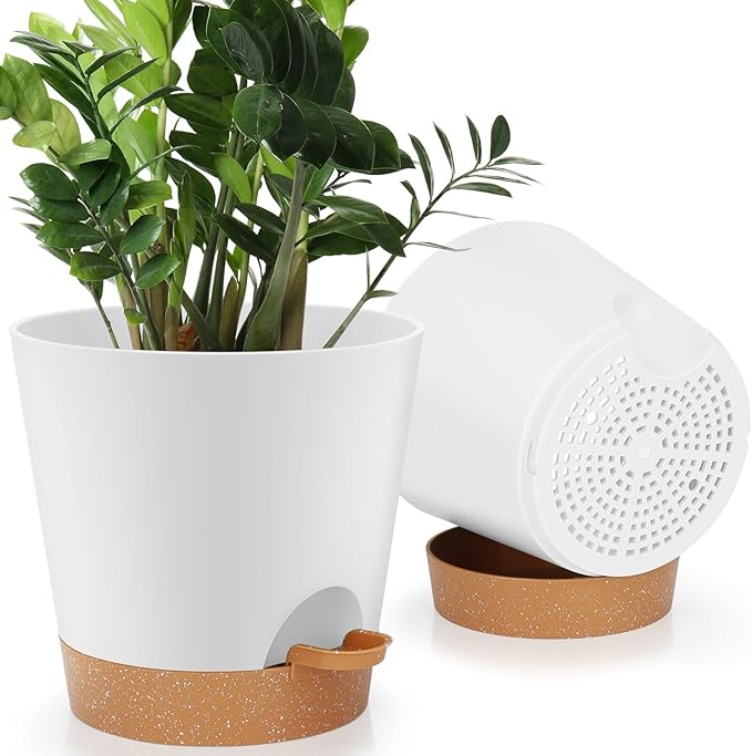 8-Inch Plant Pots, Self-Watering Planters with Drainage Holes & Saucers for Indoor and Outdoor Plants (2-Pack, White)