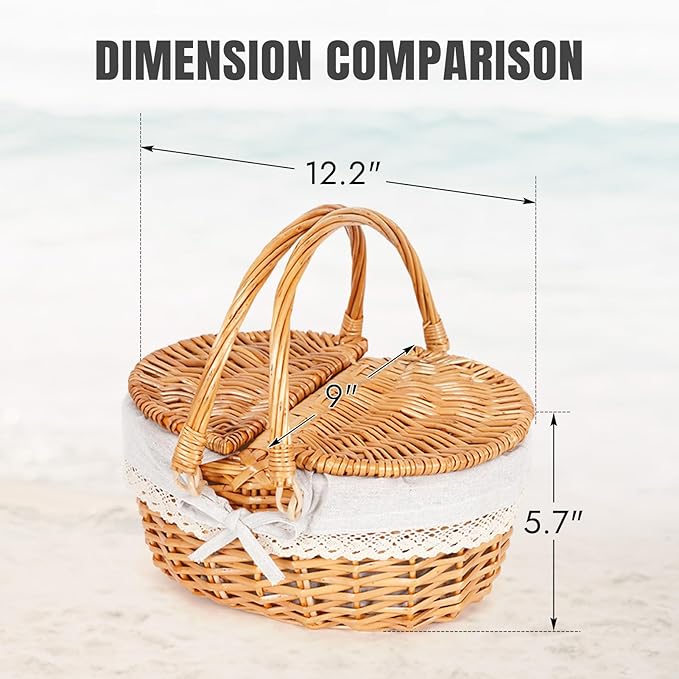 Happypicnic 12" Picnic Basket - Small Wicker Basket with Foldable Handle Lid & Removable Liner | Cute Picnic Basket Toy Empty for Kids, Gift, Halloween, Christmas, Valentines, Easter, Birthday, Solid