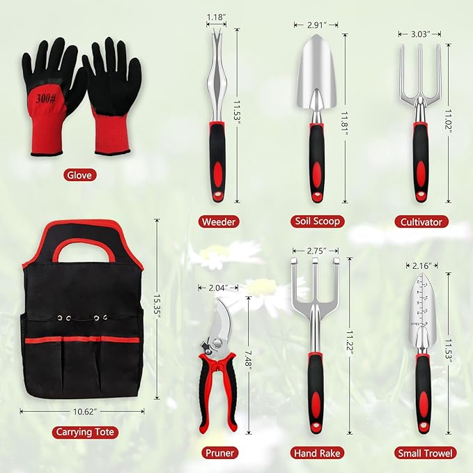 Gardening Tool Set, 8 Pieces Aluminum Heavy Duty Gardening Kit with Ergonomic Handles, Gardening Bag, Ideal Gardening Tool Set - Gifts for Men and Women