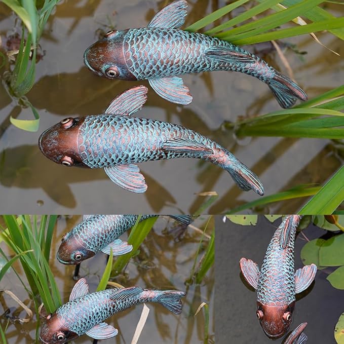 Garden Statues, Koi Fish Decor, Set of 2 Antique Koi Fish Garden Statue,Fish Sculpture Garden for Outdoors, Patio Decor, Backyard and Home Kitchen Decoration