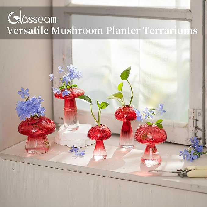 Glasseam Mushroom Plant Propagation Stations: Red Glass Terrarium Jar Set of 10 Cute Planters for Indoor Plants Mini Propagate Station Unique Christmas Birthday Gifts for Women Home Office Decor