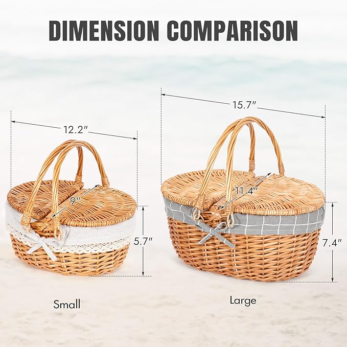 Happypicnic Wicker Picnic Basket with Handle, 15" Large Empty Picnic Basket with Lid & Removable Liner, Vintage Hand Woven Basket for Picnics, Camping, Veg Picking, Mother's Day, Thanksgiving (Check)