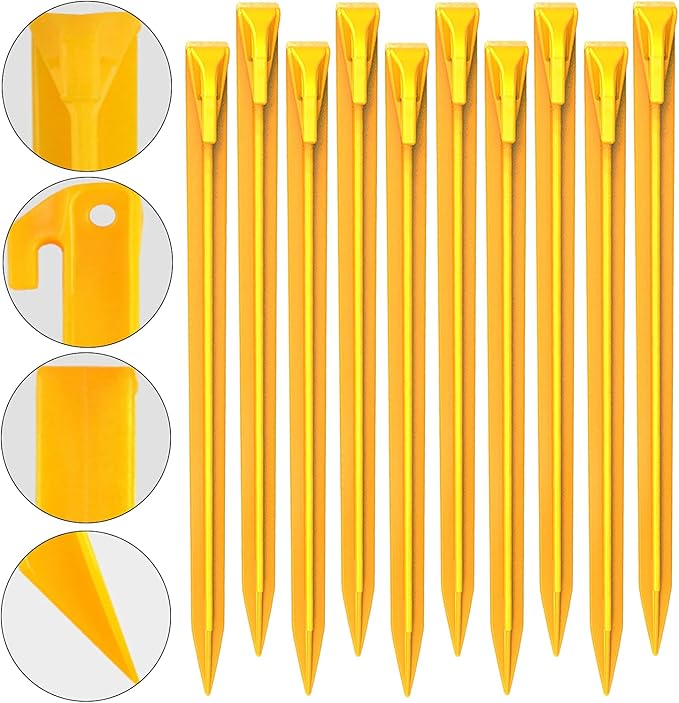 10-Pack Plastic Tent Stakes – 12-Inch Heavy Duty Canopy Anchoring Pegs for Camping, Gardening, Landscaping, Backpacking – Lightweight, Rust-Proof, Reusable Camping Stake