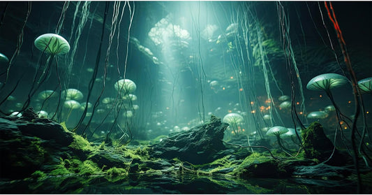Aquarium Background Foggy Stone Mushroom Green Moss Fish Tank Background Mysterious Green Seaweed Scenery Aquarium Backgrounds White Mushroom Reptile Tank Enclosure Backgrounds Wallpaper 60x24in