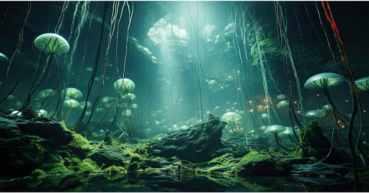 Aquarium Background Foggy Stone Mushroom Green Moss Fish Tank Background Mysterious Green Seaweed Scenery Aquarium Backgrounds White Mushroom Reptile Tank Enclosure Backgrounds Wallpaper 30x18in