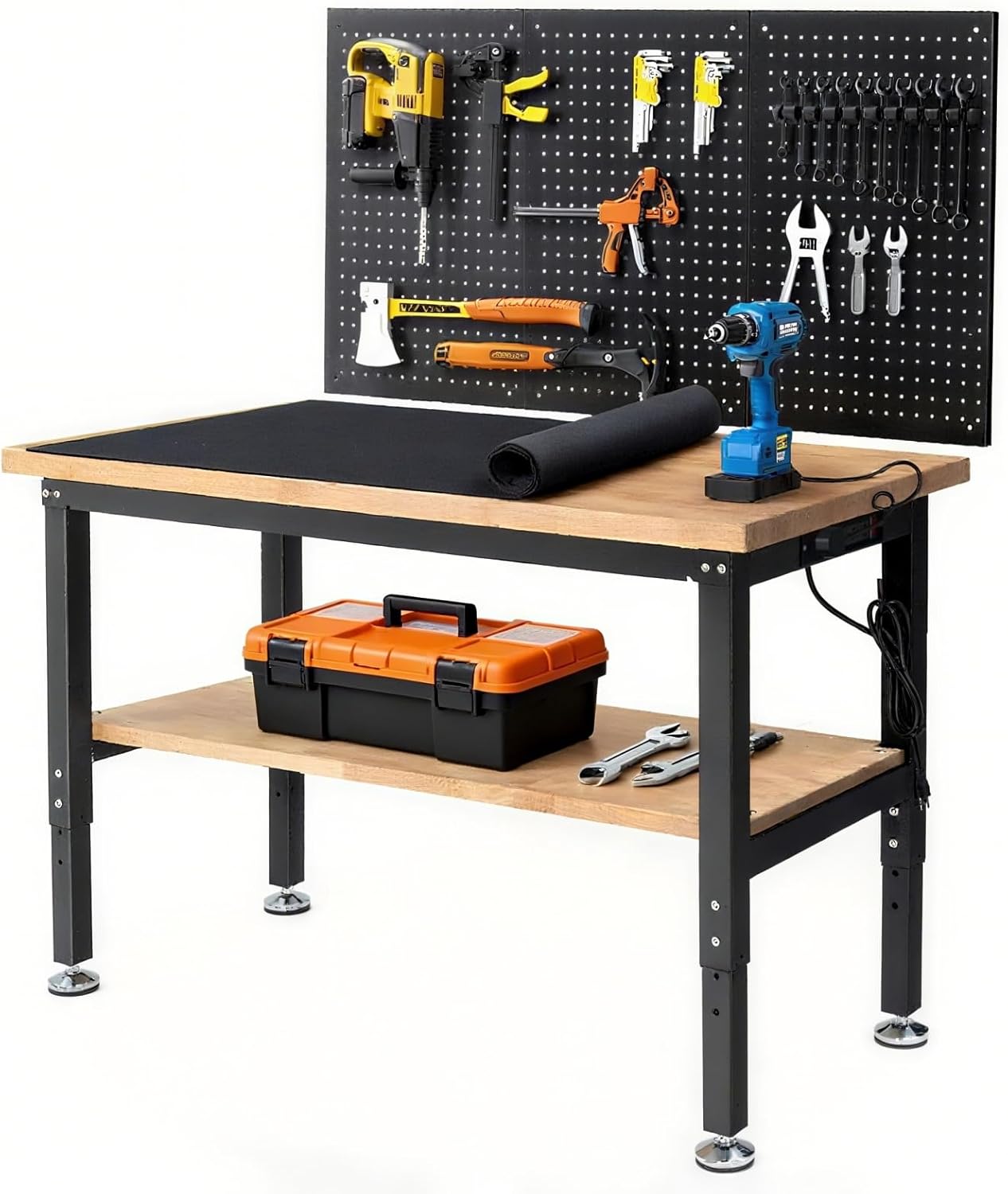 48 Inch Workbench for Garage Adjustable Height Work Bench with Under Table Shelf Pegboard Power Outlets Work Table for Woodworking, Home, Office, Workshop