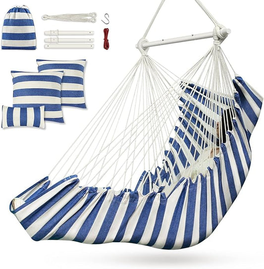 Hammock Chair, Hanging Chair with 3 Cushions and Foot Rest Support, Sturdy Metal Spreader Bar Max 440 Lbs, Swing Chair for Bedroom, Indoor & Outdoor, Patio, Porch or Tree（Blue and White）