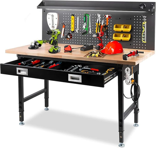 60" Workbench with Drawers, Work Benches for Garage with Strip Light, Adjustable Work Table with Large Pegboard, 2000 LBS Heavy Duty Table with Power Outlet Rubber Wood for Garage, Office
