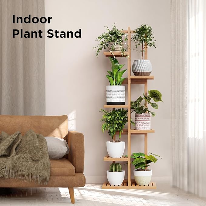 H HOMEXIN Bamboo Plant Stand Rack - Indoor & Outdoor Plant Stand 6 Tier 7 Potted Multiple Flower Planter Pot Holder Shelf Rack Display for Patio Garden Corner Balcony Living Room