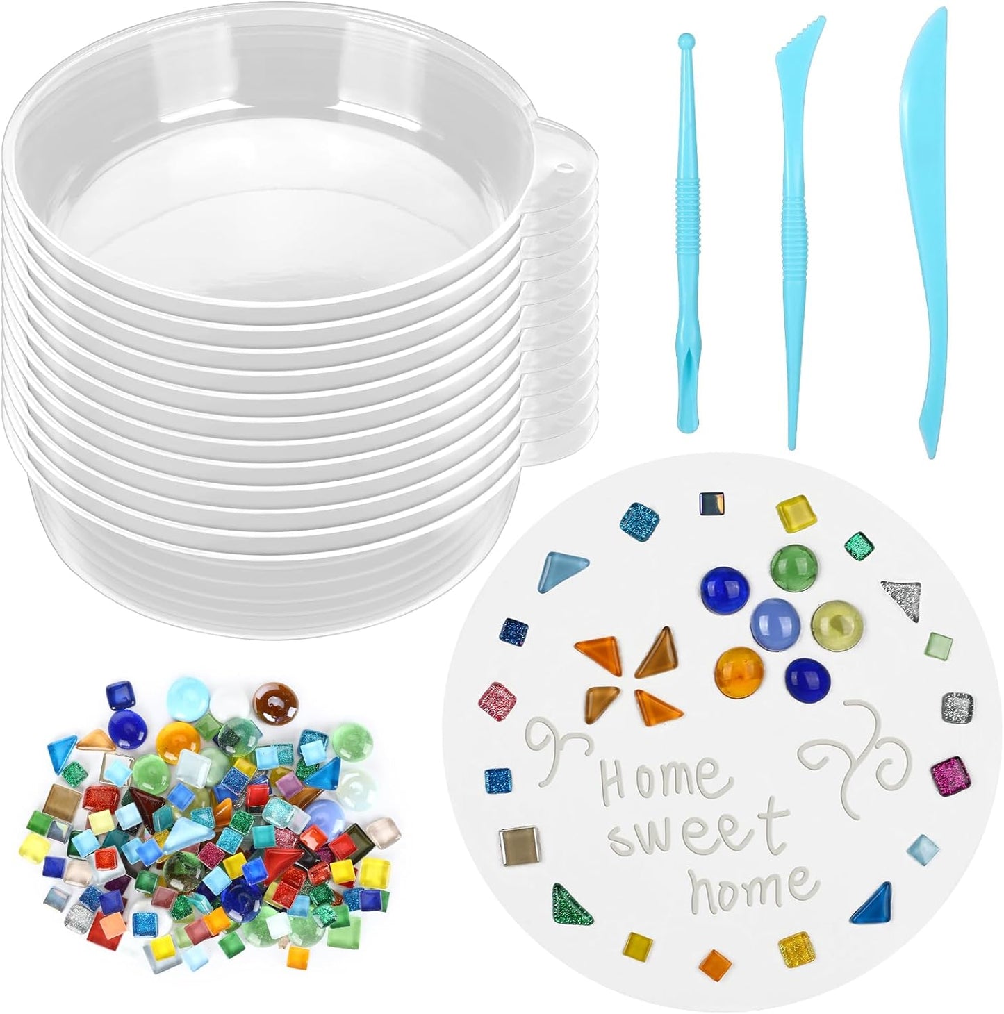 24 Pcs Stepping Stone Kit Includes Concrete Mold, Mosaic Tiles and Carving Tools, DIY Craft Handmade Stepping Stone Kit for Kids, Family, Garden Outdoor Decor, No Concrete Mix (Round,12 Inch)
