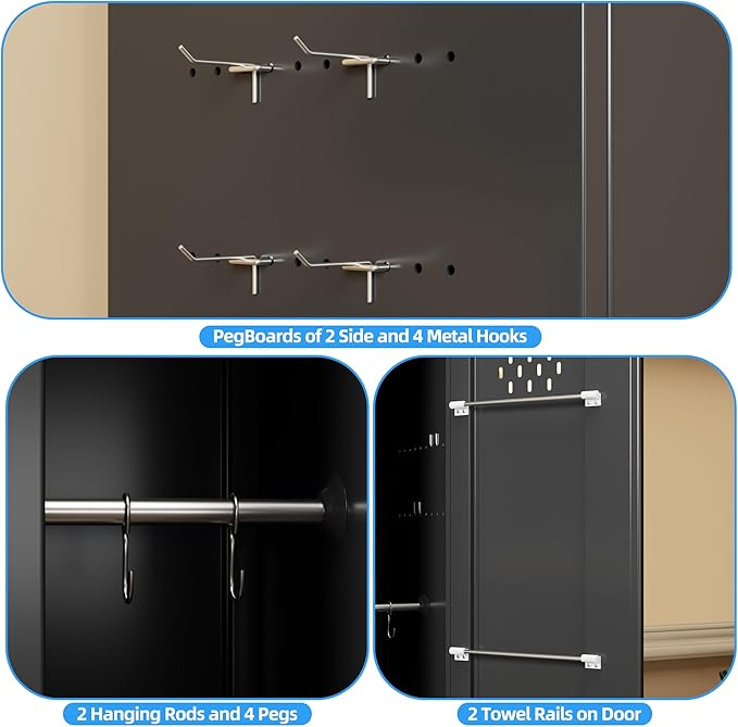 72''H Metal Broom Closet Storage Cabinet with Wheels & Pegboards, Mops Broom Closet Organizer with Locking Door & Hanging Rod,Cleaning Tool Garage Storage Cabinet,Assembly Required,Black