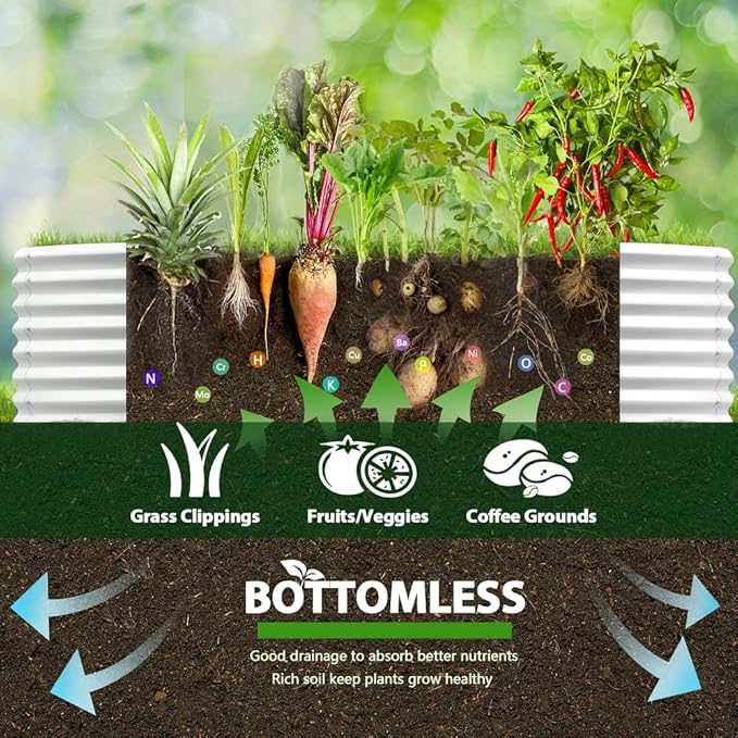 A ANLEOLIFE 8X4X2 ft Galvanized Raised Garden Beds Outdoor, Oval Large Metal Deep Root Planter Box for Planting Vegetables Flowers Herb, Anti-Rust & Easy-Setup, Antique White