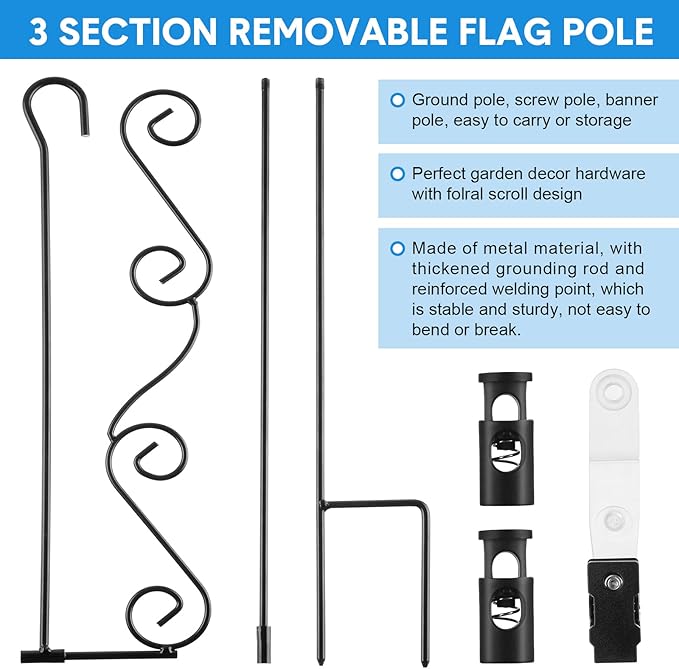 10 Pack Garden Flag Stand with Flag Stoppers and Clips, Black Powder Coated Weather Proof Garden Flag Pole Holder for Outdoor Garden Flag (Stylish Style, 15.75 x 36.22 Inch)