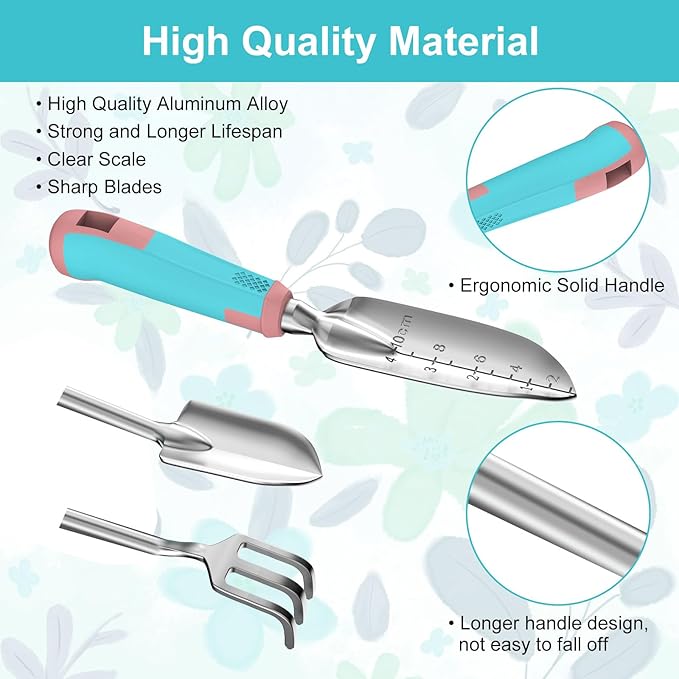 6 Pcs Garden Tool Set, Gardening Hand Tools Aluminum Alloy Starter Kit with Garden Bag, Heavy Duty Outdoor Tool Set with Ergonomic Handle, Gardening Gifts (No Flower Pattern)