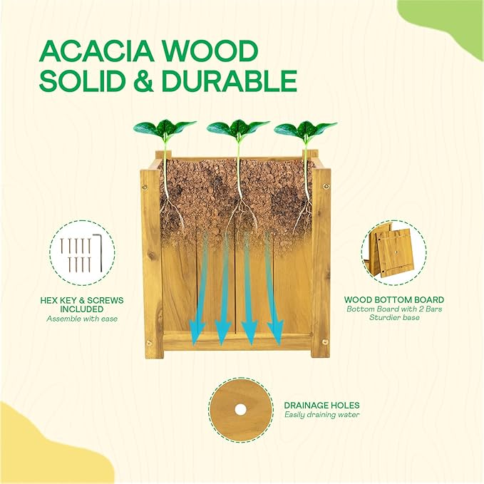 IDZO Set of 2 Acacia Wood Flower Planters for Outdoor Plants, Ergonomic Handles, Drainage Holes, Various Sizes, Ideal for Home Décor, Golden Teak