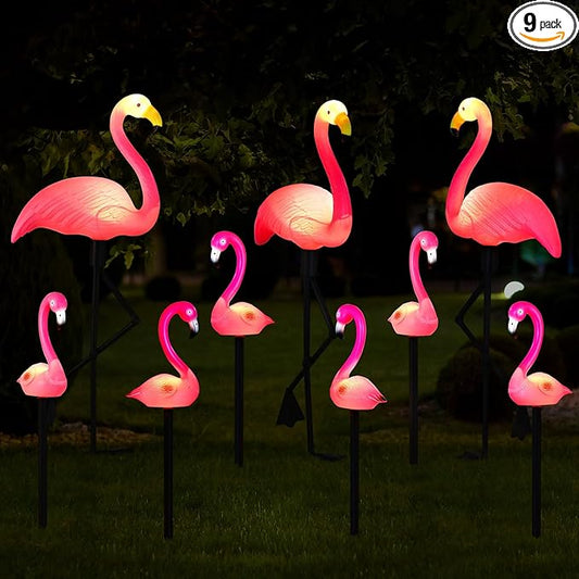 9 Pcs Flamingo Solar Lights LED Flamingo Stake Lights Waterproof Flamingo Lights for Outdoor Pink Yard Lawn Garden Ornaments Patio Pond Ground Backyard Decor Pathway Outside Decorations