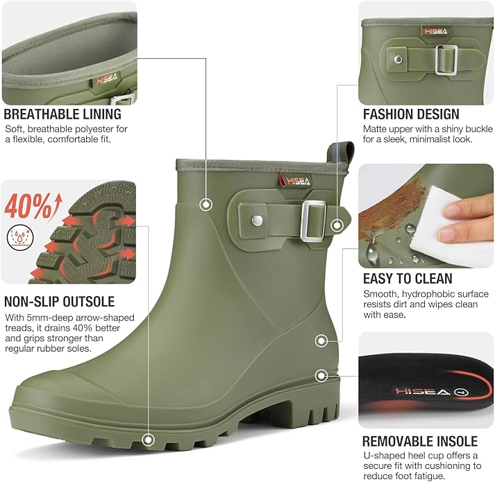 HISEA Women's Ankle Rain Boots Waterproof, Fashion Short Garden Shoes Anti-slip for Women with Comfortable Insole