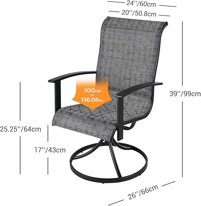 Grand patio Outdoor Swivel Dining Chairs Set of 2, 360 Degree Mesh Sling Rocker Sets for Deck, Garden Backyard, Black & Grey Plaid