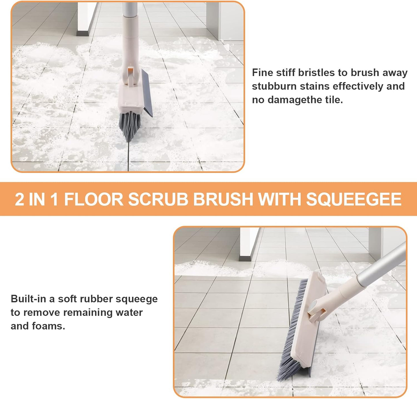 Grout Brush with Long Handle, 2 in 1 V-Shaped Floor Scrub Brush for Cleaning, Bathroom, Garage, Wall, Patio, and Tile, Stiff Bristle Brush with 54'' Telescopic Handle