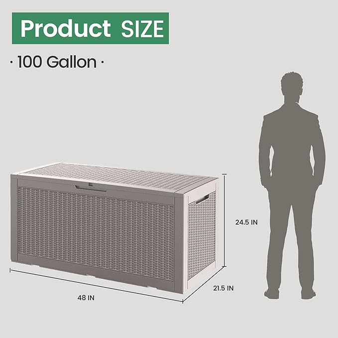 100 Gallon Storage Box, Waterproof Resin Deck Box with Hydraulic Piston Design, Lockable Storage Bench for Package Delivery, Storage Bin for Patio Cushions, Garden Tools, Grey